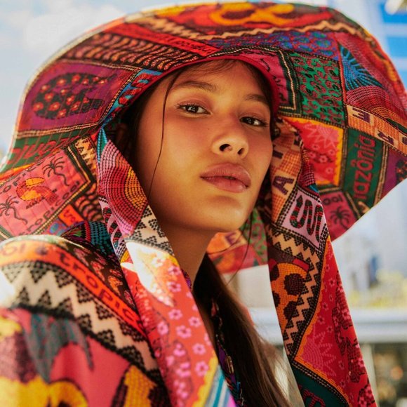 Farm Rio Dotted Patchwork Scarf Tropical Amazon Jungle Summer Beach Hat Packable - Picture 2 of 9